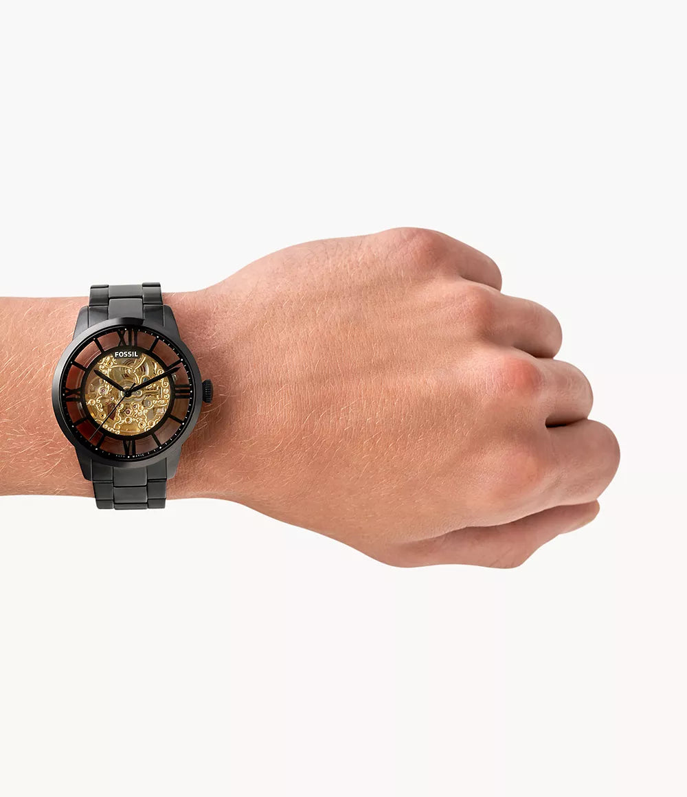 FOSSIL Men Black Skeleton Dial Stainless Steel Analogue Automatic Motion Watch ME3197I