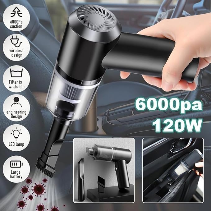 3-in-1 Portable Car Vacuum Cleaner with Blower, USB Rechargeable, Black, Wireless Handheld Mini Design, Strong Suction, Washable HEPA Filter for Car, Home