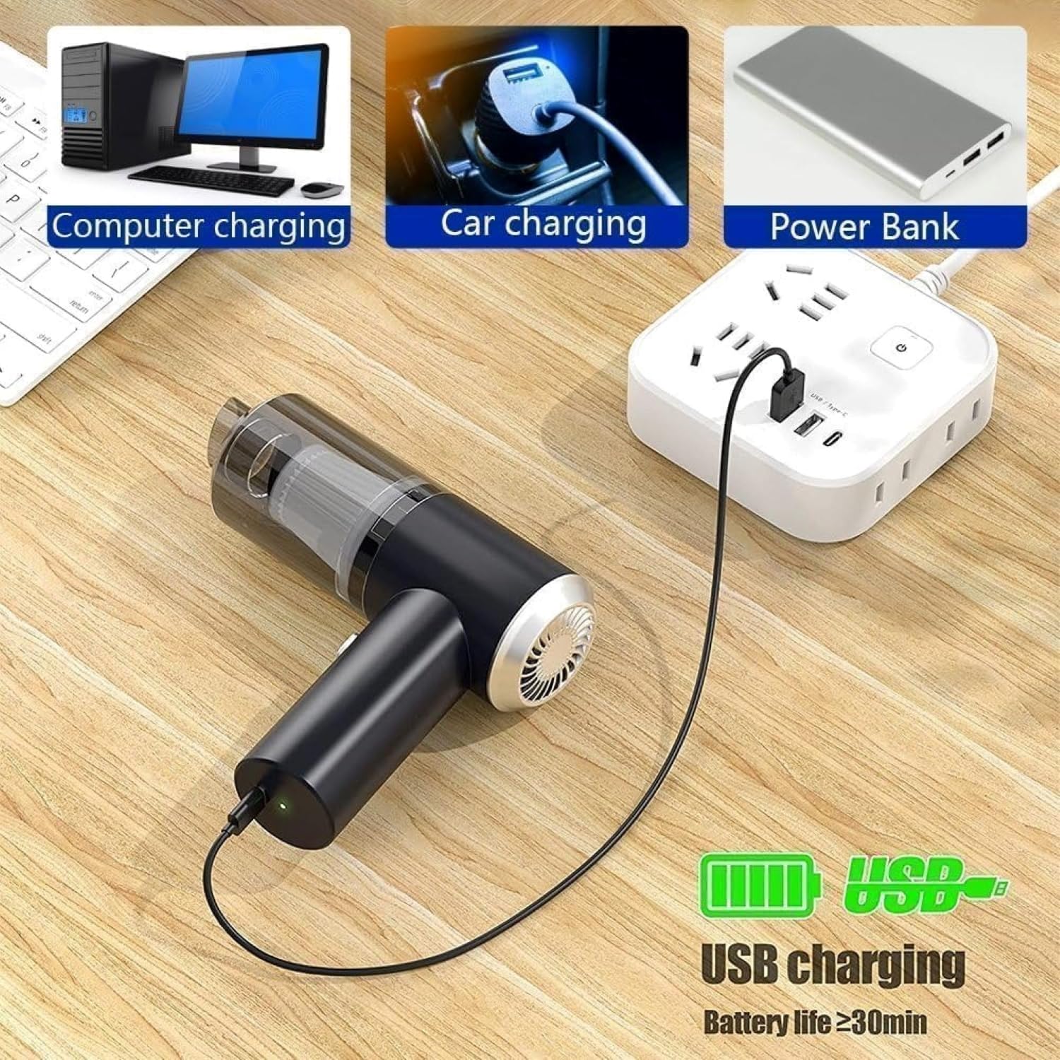 3-in-1 Portable Car Vacuum Cleaner with Blower, USB Rechargeable, Black, Wireless Handheld Mini Design, Strong Suction, Washable HEPA Filter for Car, Home