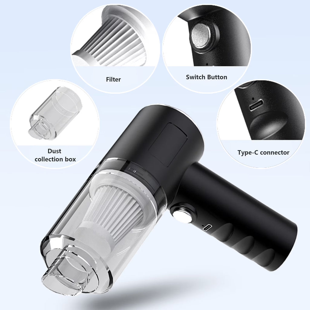 3-in-1 Portable Car Vacuum Cleaner with Blower, USB Rechargeable, Black, Wireless Handheld Mini Design, Strong Suction, Washable HEPA Filter for Car, Home